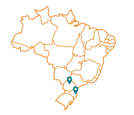 Mapa do Brasil com centros de distribuição no Paraná e em Santa Catarina